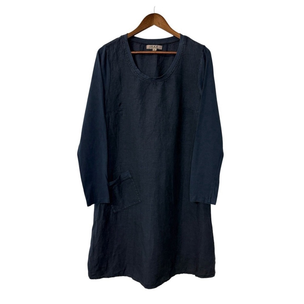 NEW Flax mixed fabric linen dress women's S 6-10 teal long sleeve lagenlook boho